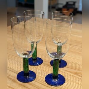 Handblown Vintage Fostoria Green Blue Stem Glasses -Set Of 4